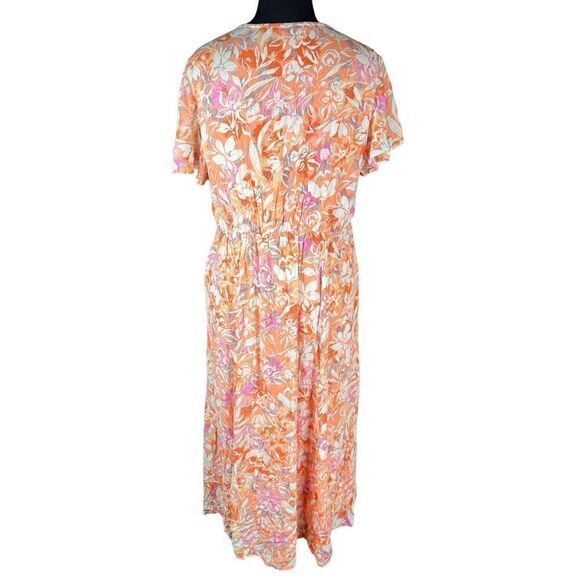 Torrid 1x Lace Up Tea Length Dress Crinkle Gauze Floral Coral dress flutter - Picture 5 of 7